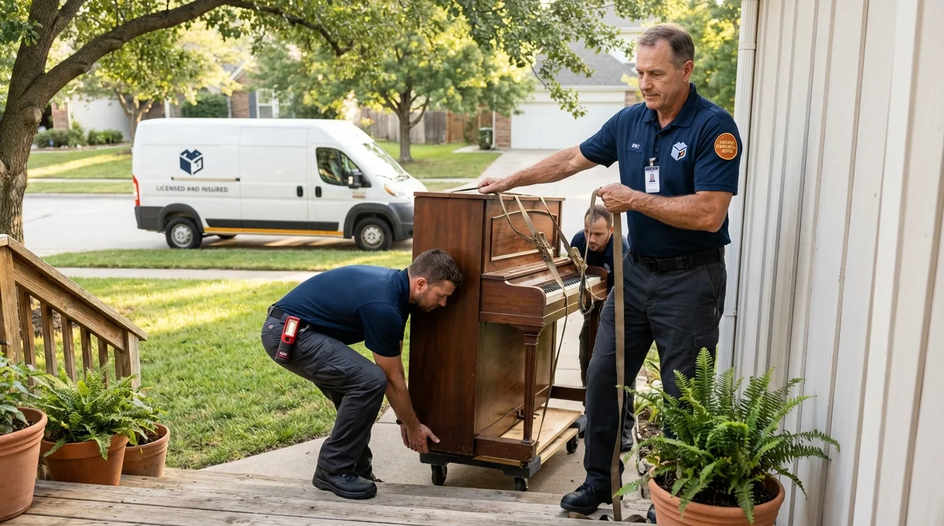 Licensed piano movers securing grand piano in Union, SC