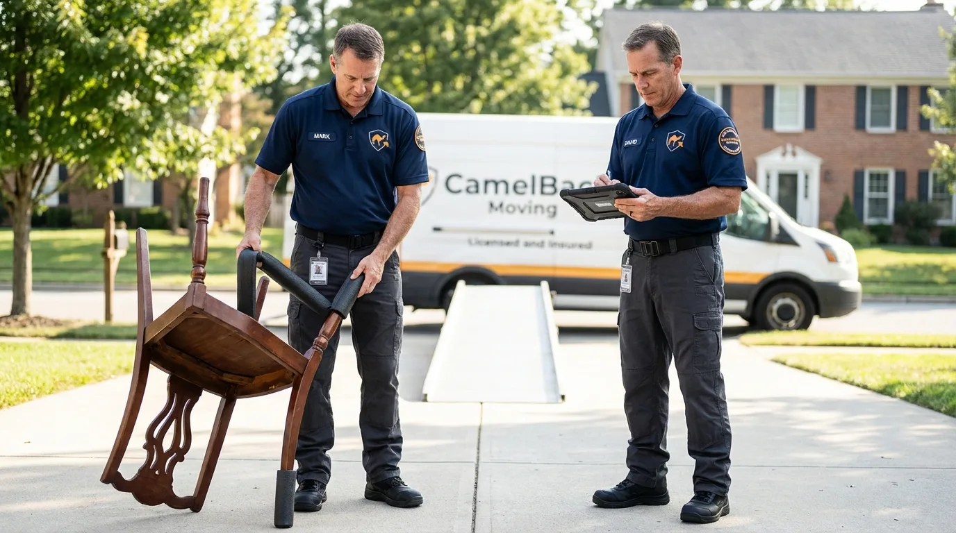 Movers inspecting furniture for damage prevention before loading in Union, SC